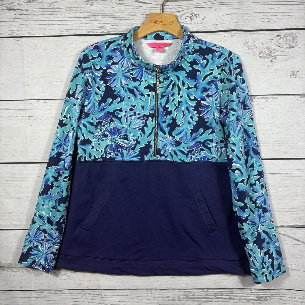 Lilly Pulitzer Women's Medium Half Zip Bright In Too Deep Asher Popover Block
